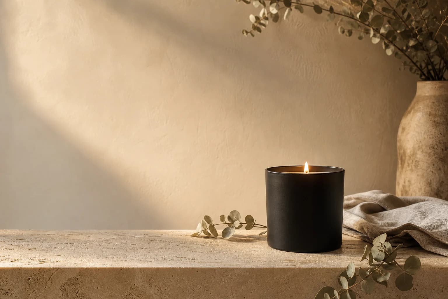 Lit ceramic candle on a stone ledge in warm afternoon light