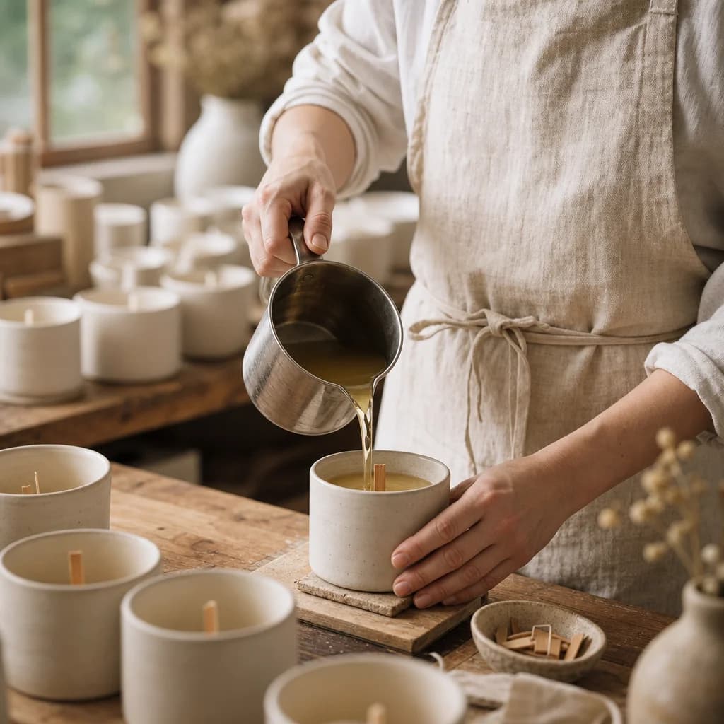 Wax being hand-poured into a ceramic candle vessel
