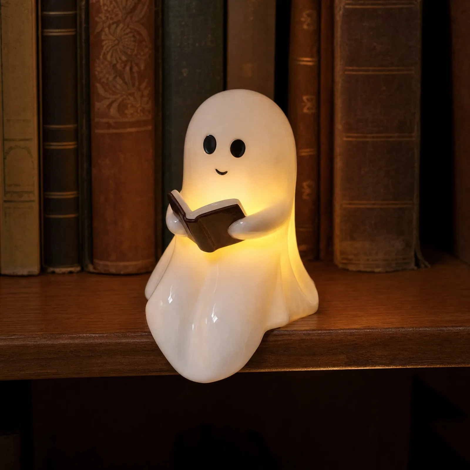 Chapter ceramic ghost night light glowing on a bookshelf